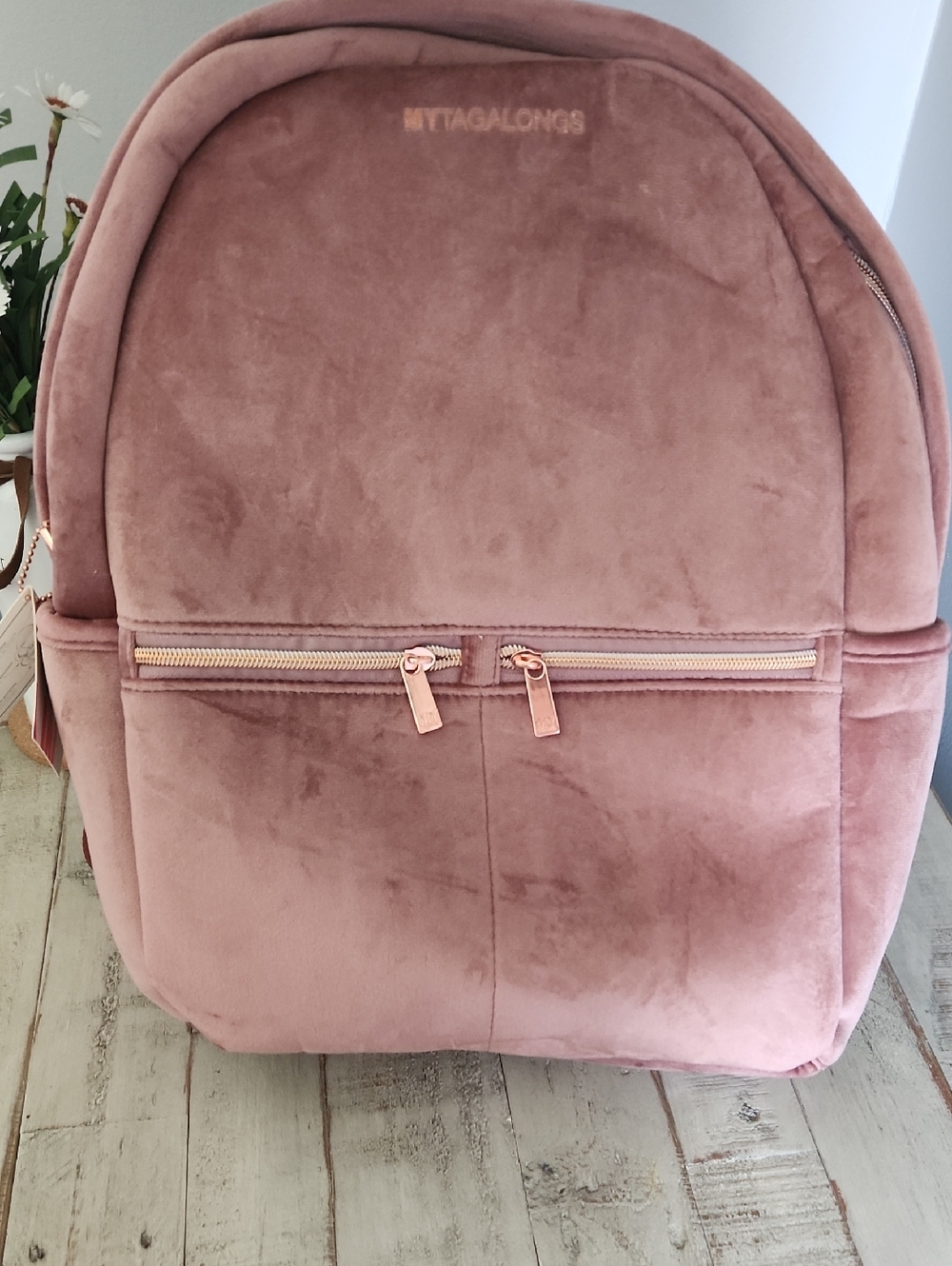 My Tagalongs Travel Blush Velvet Backpack with Rose Gold Zippers